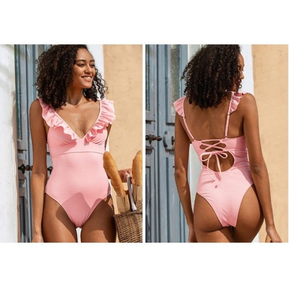 NWT CUPSHE Love Story One Piece Swimsuit S Pink Ruffle Lace Up Open Back